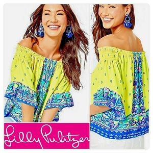 Lilly Pulitzer Fawna Off Shoulder Lileeze Blouse SZ Small pineapple Rivera Loro